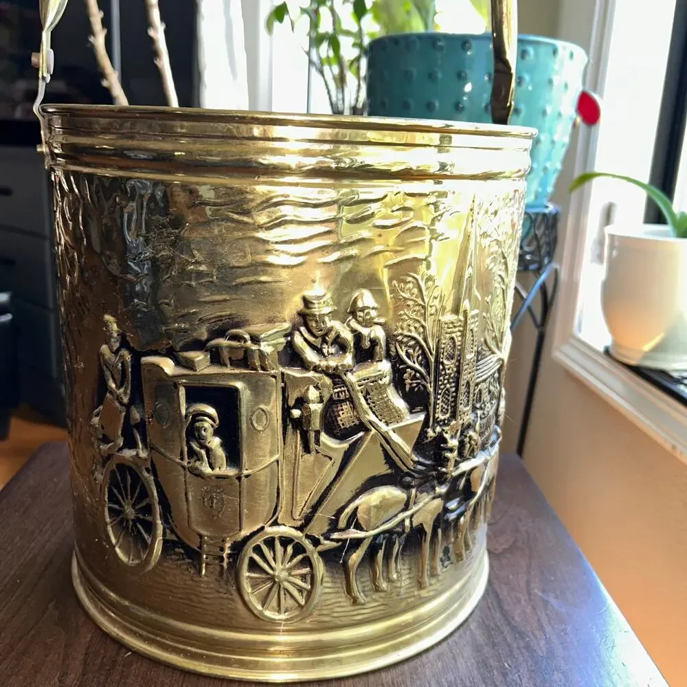 Vintage MCM Brass Coal Bucket England gold tone embossed coach and horses